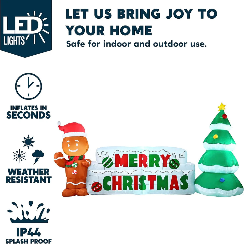 Gingerwish white greeting sign, gingerbread character and green Christmas tree feature overview.