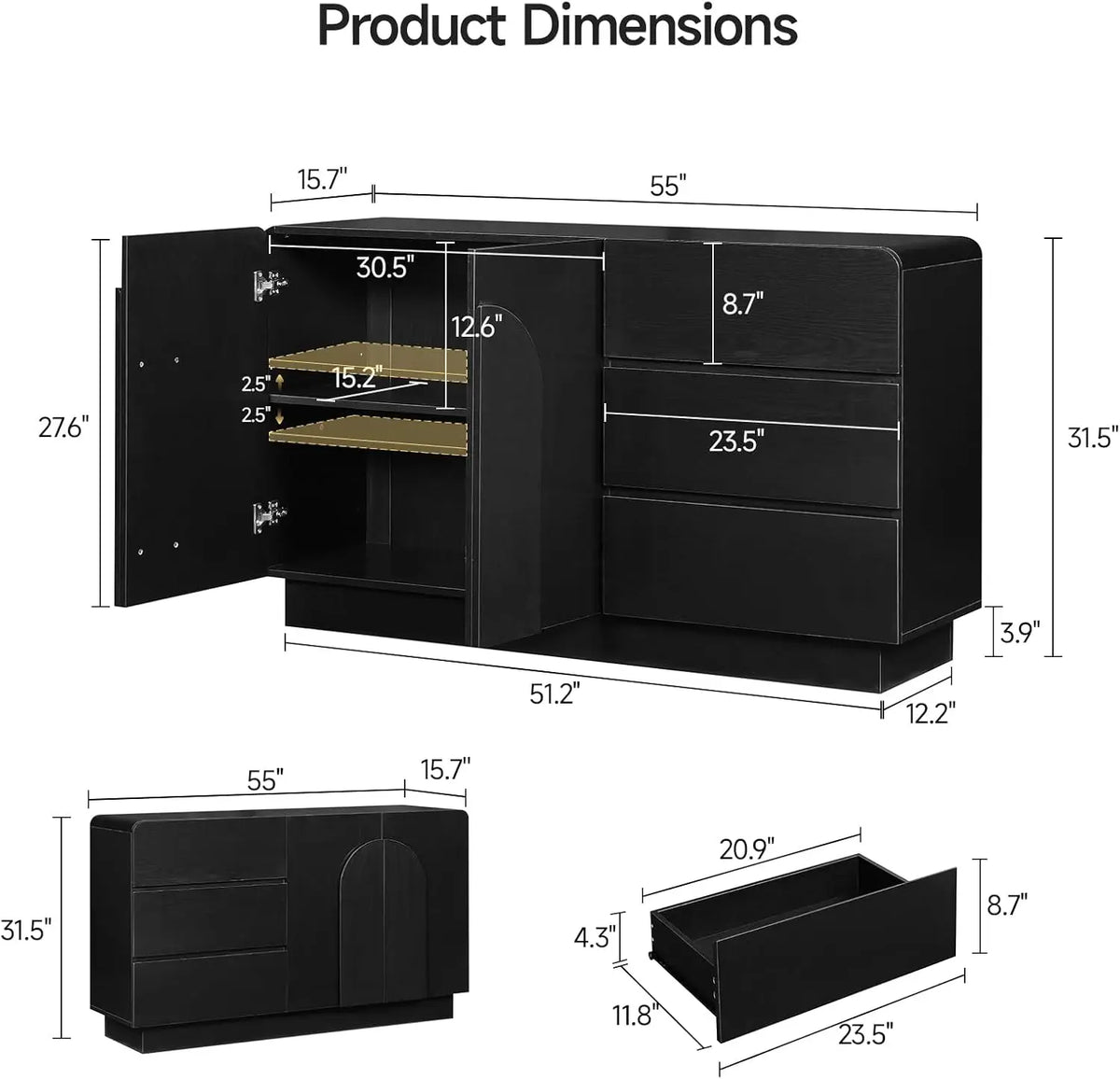Pearlrise three-drawer cabinet dimension and storage details