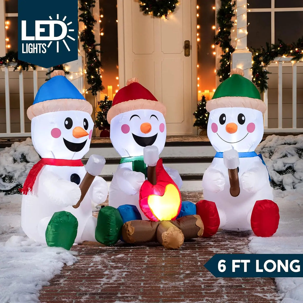 Snowmingle illuminated campfire scene with three snowmen and a six-foot length label.