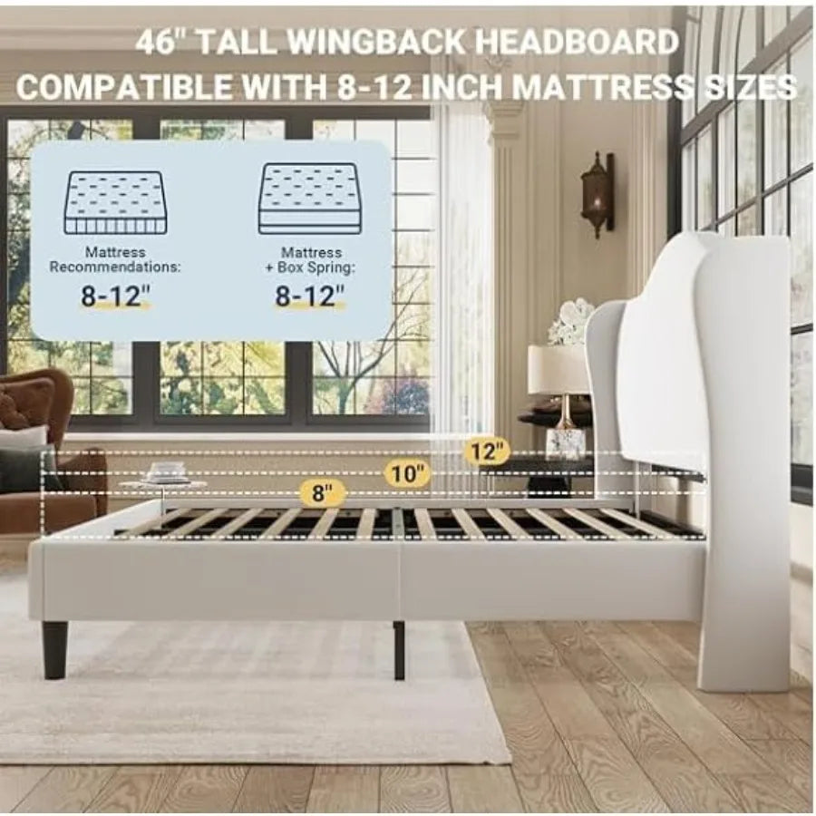 Mattress-fit illustration showing 8-, 10- and 12-inch heights above the slat platform.