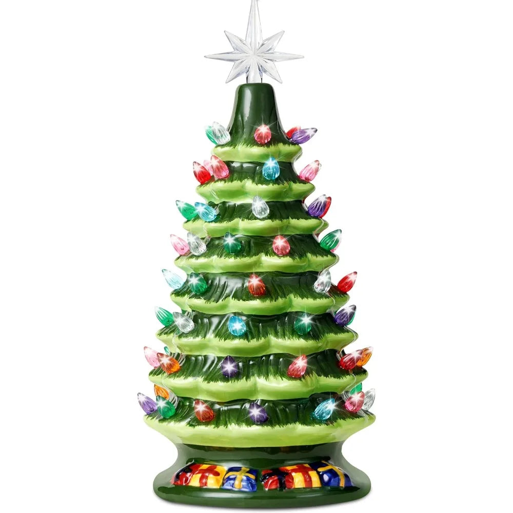 Merryglaze glossy green ceramic Christmas tree with multicolor bulb accents and a clear star topper.