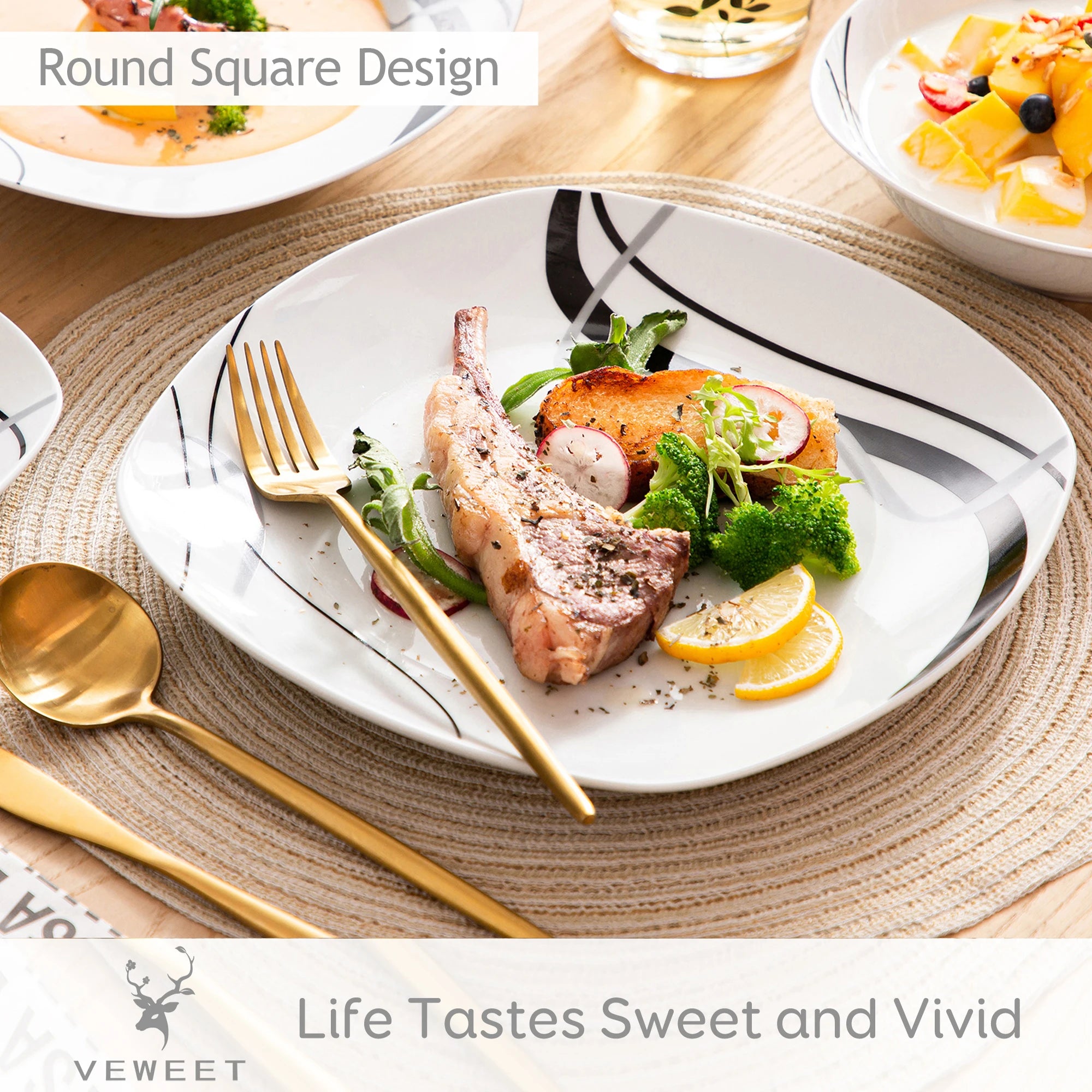 VEWEET Fiona Porcelain Dinnerware Set – 18/36 Pieces, Gray & Black Lines