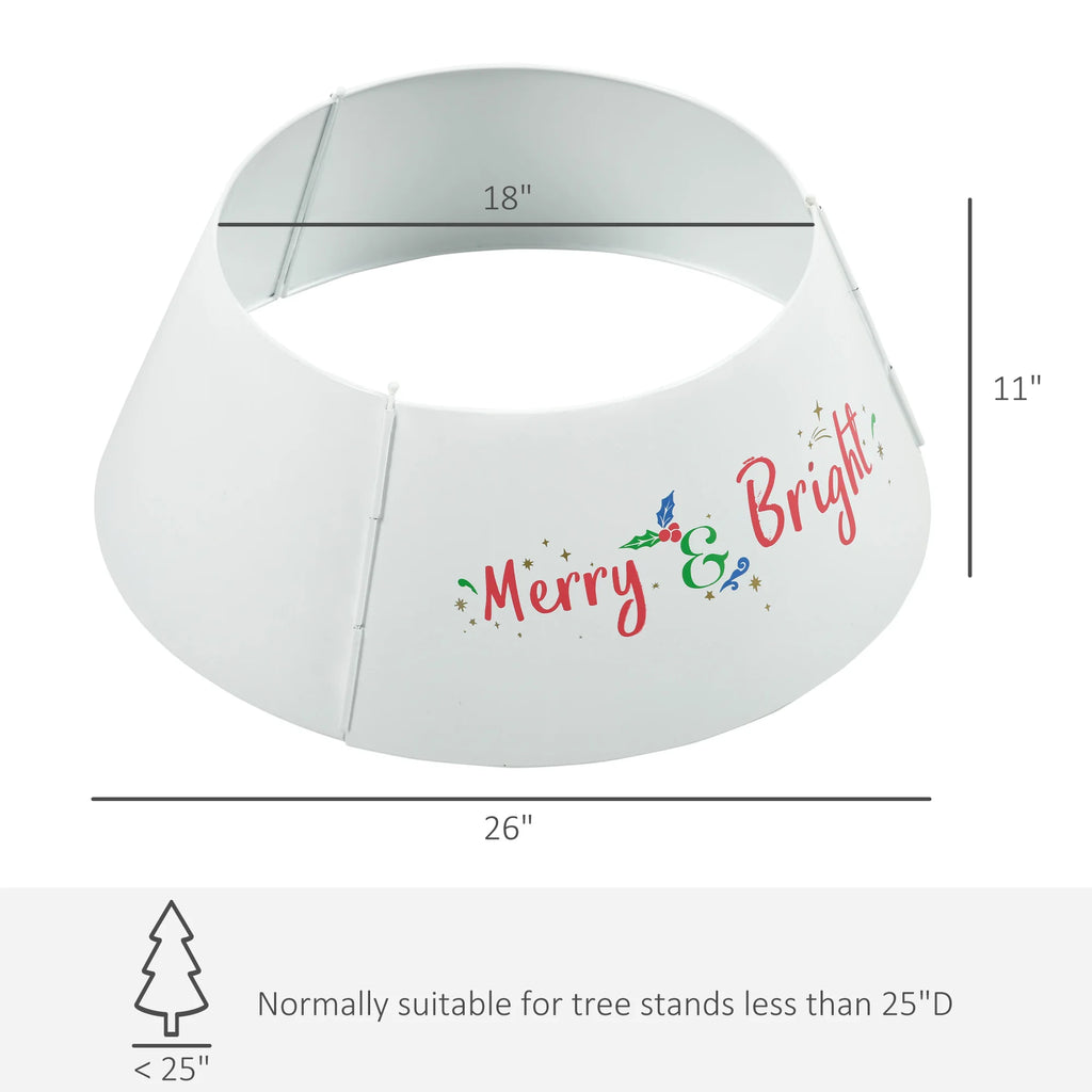 Merrybright tree collar dimensions: 26-inch bottom diameter, 18-inch top diameter, and 11-inch height