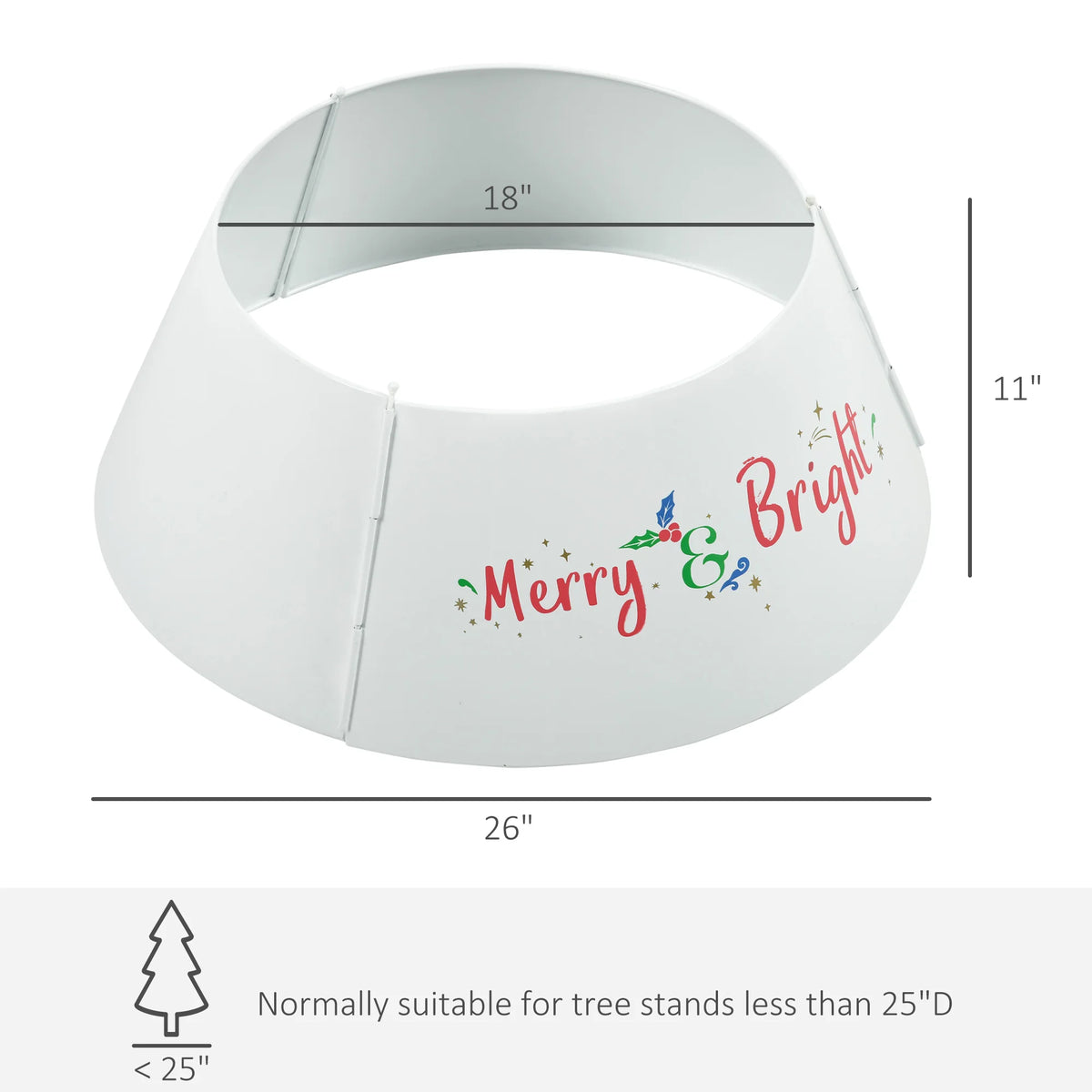 Merrybright tree collar dimensions: 26-inch bottom diameter, 18-inch top diameter, and 11-inch height