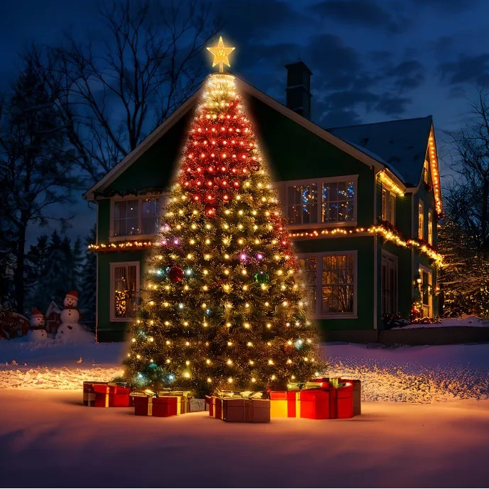 Programmable RGB string lights shown glowing on a Christmas tree in front of a house at night, with snow on the ground and gift boxes underneath. Text at the top reads 'Programmable RGB String Lights' and '1.