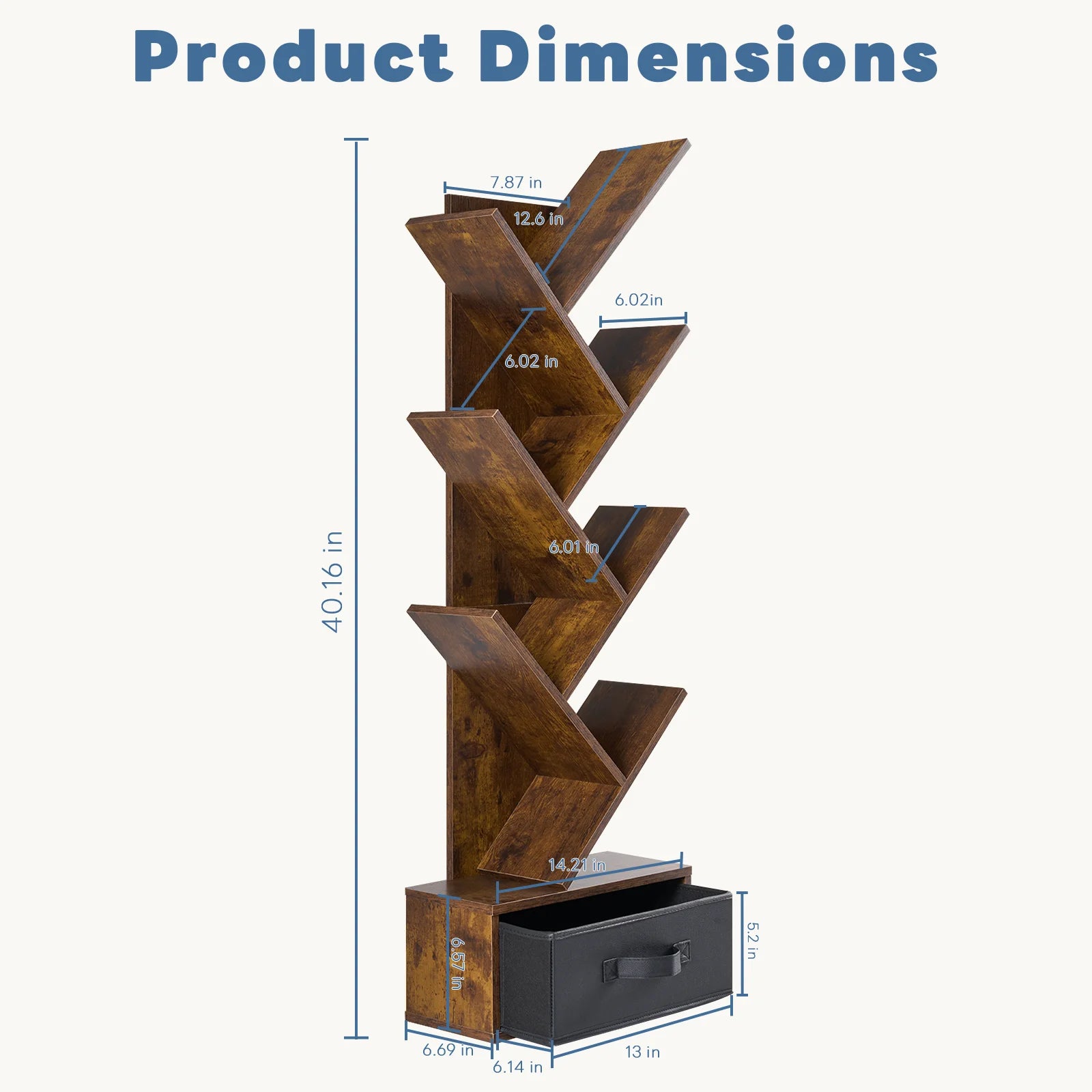 Wooden bookshelf with dimensions labeled on a white background