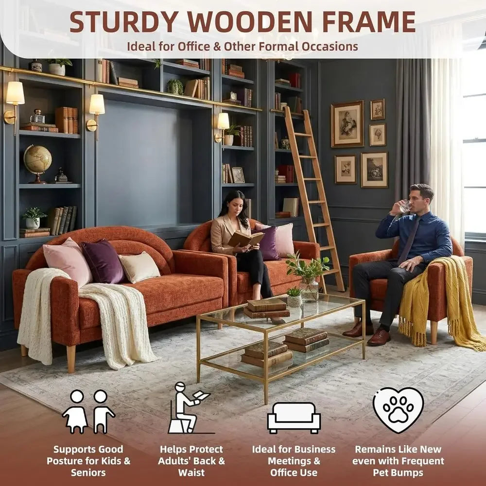 Ocherline rust-ocher loveseat with light wood-tone legs in a library setting