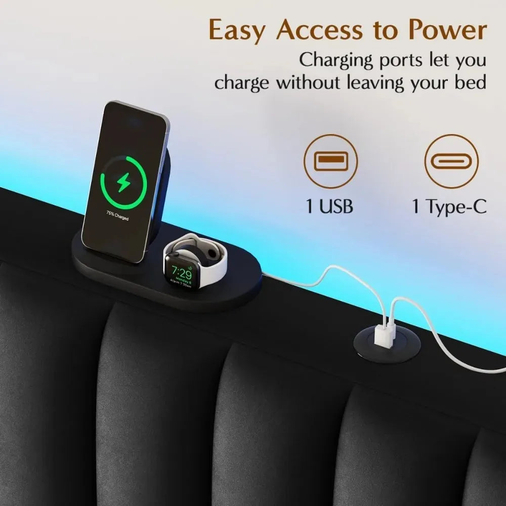 Close-up of Veltrenne USB and USB-C ports on the upholstered headboard ledge