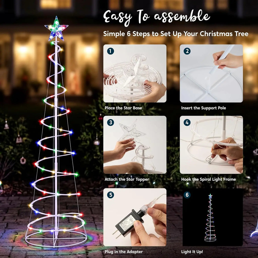Spiravelle six illustrated assembly steps for the spiral tree frame, star topper and plug-in adapter