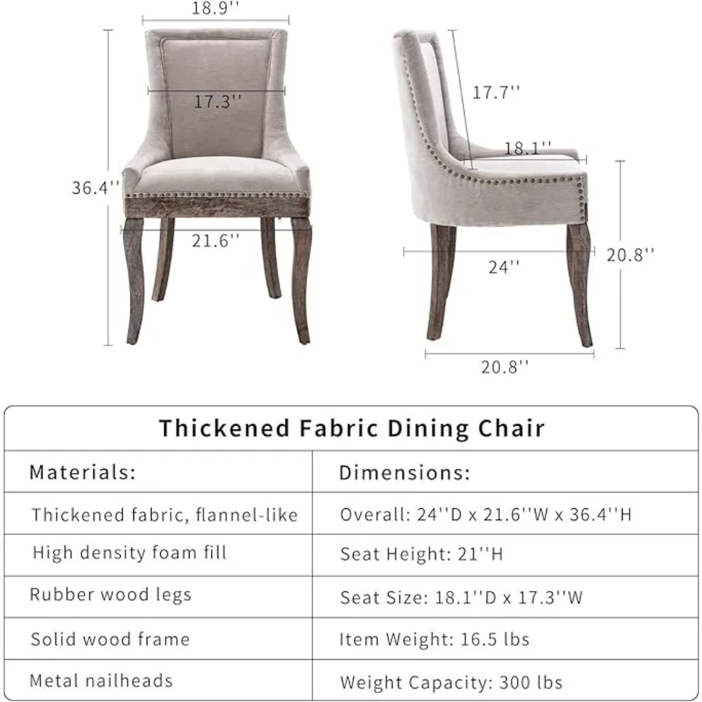 Measurement chart of a thickened fabric dining chair with dimensions and material details.