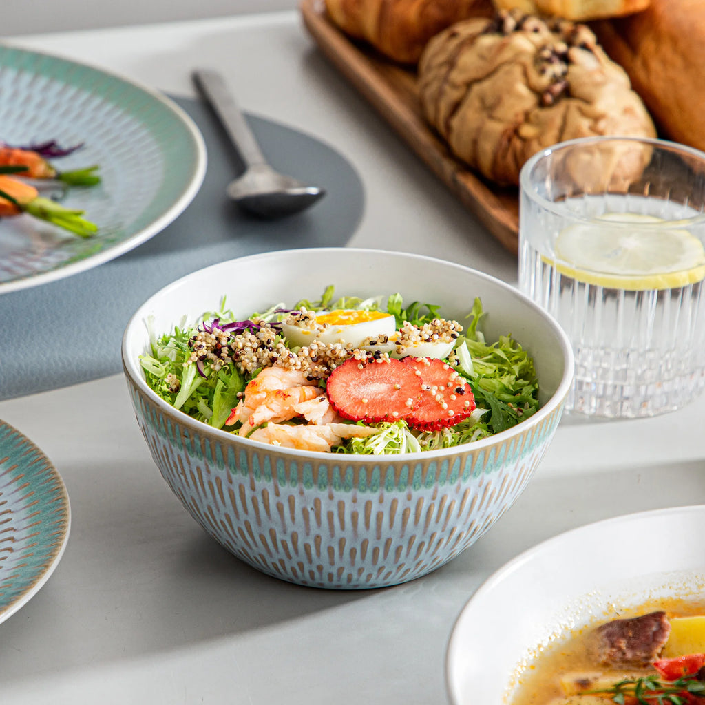VANCASSO Pluvo Spring Series Stoneware Dinnerware Set – Green Trim, 16/32/48 Pieces