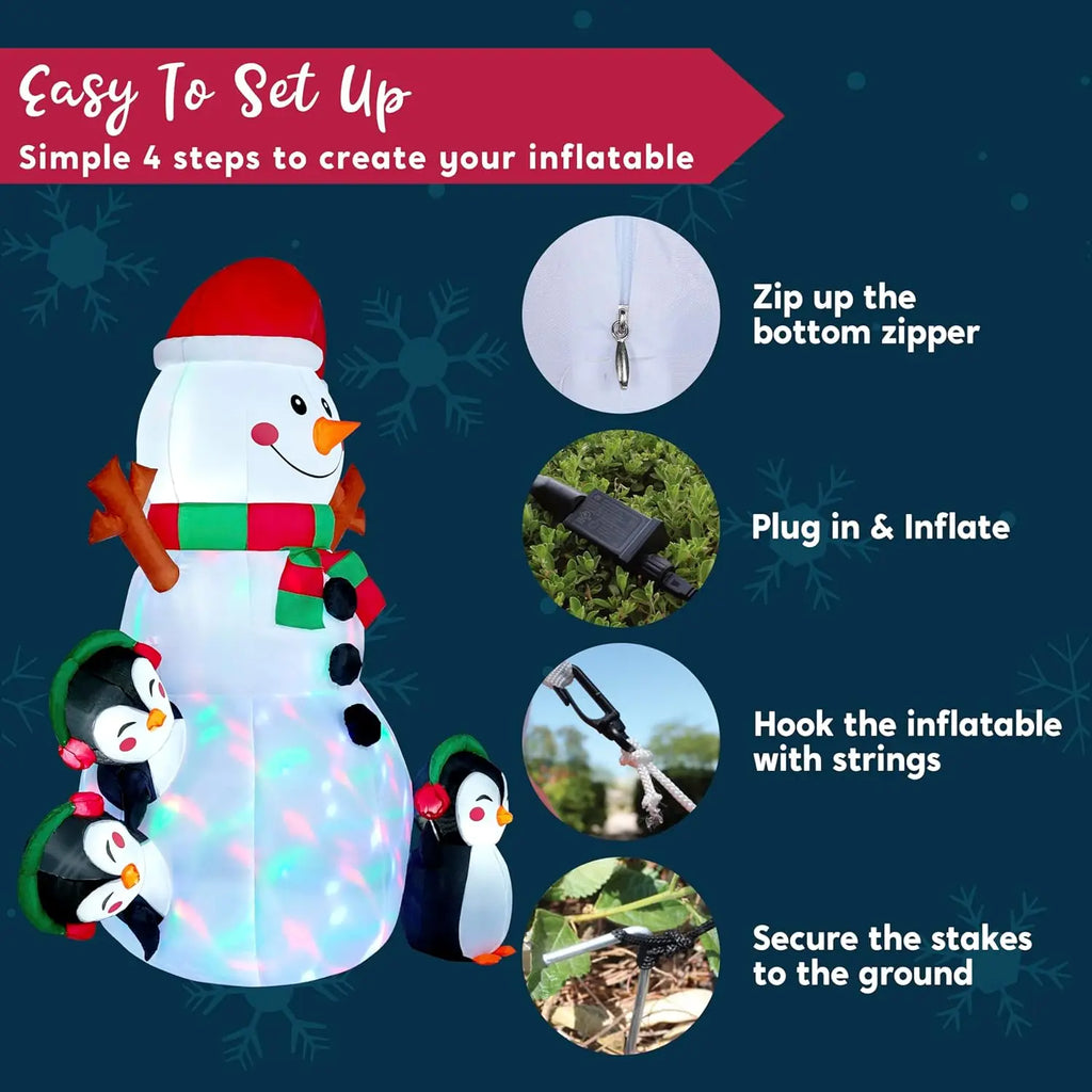 Snowlisse: Four-step setup showing the bottom zipper, plug-in connection, tether attachment and ground stakes
