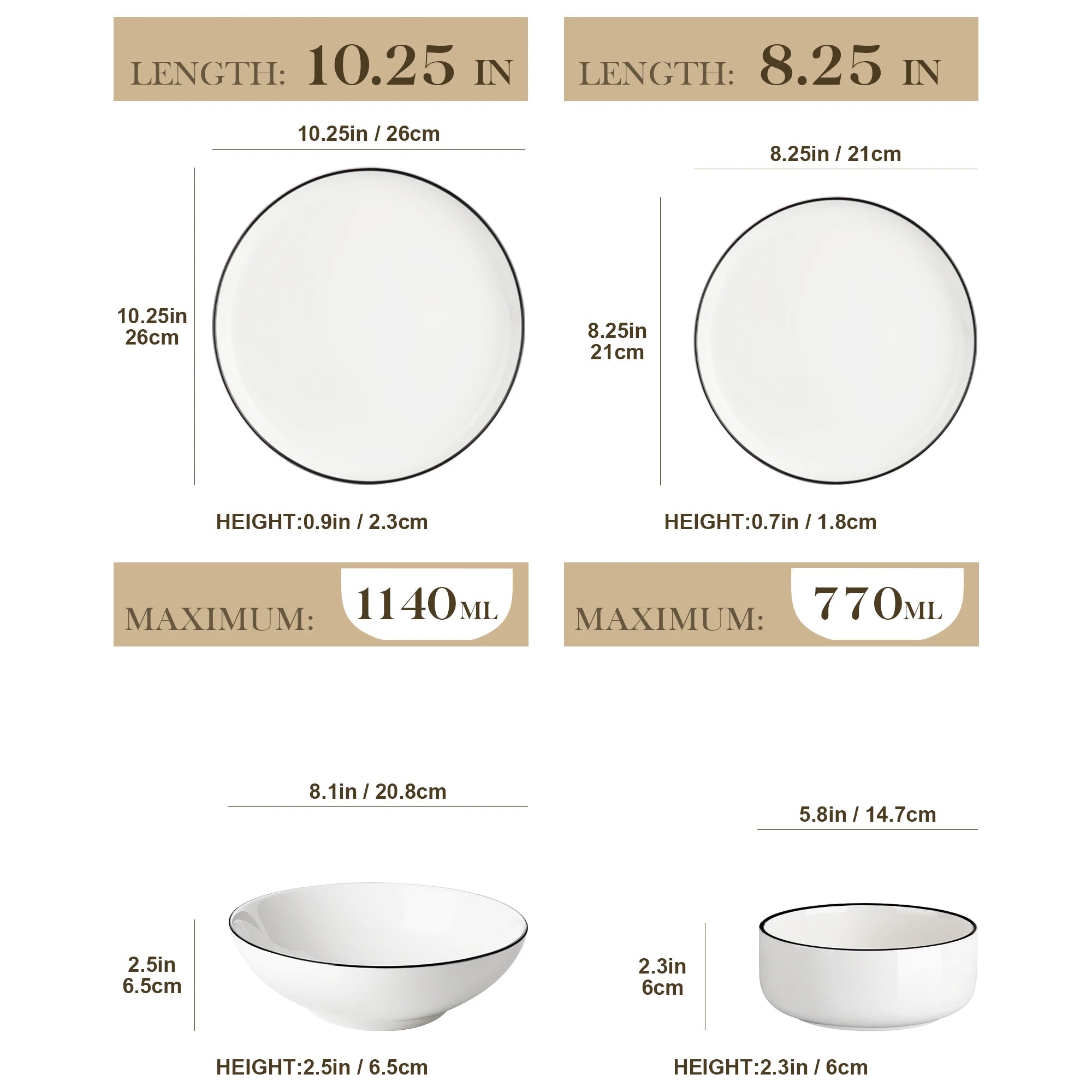 A product information graphic showing two white oval bowls with black rims in different sizes, labeled with dimensions in inches and centimeters, including length, height, and maximum serving capacity in milliliters.