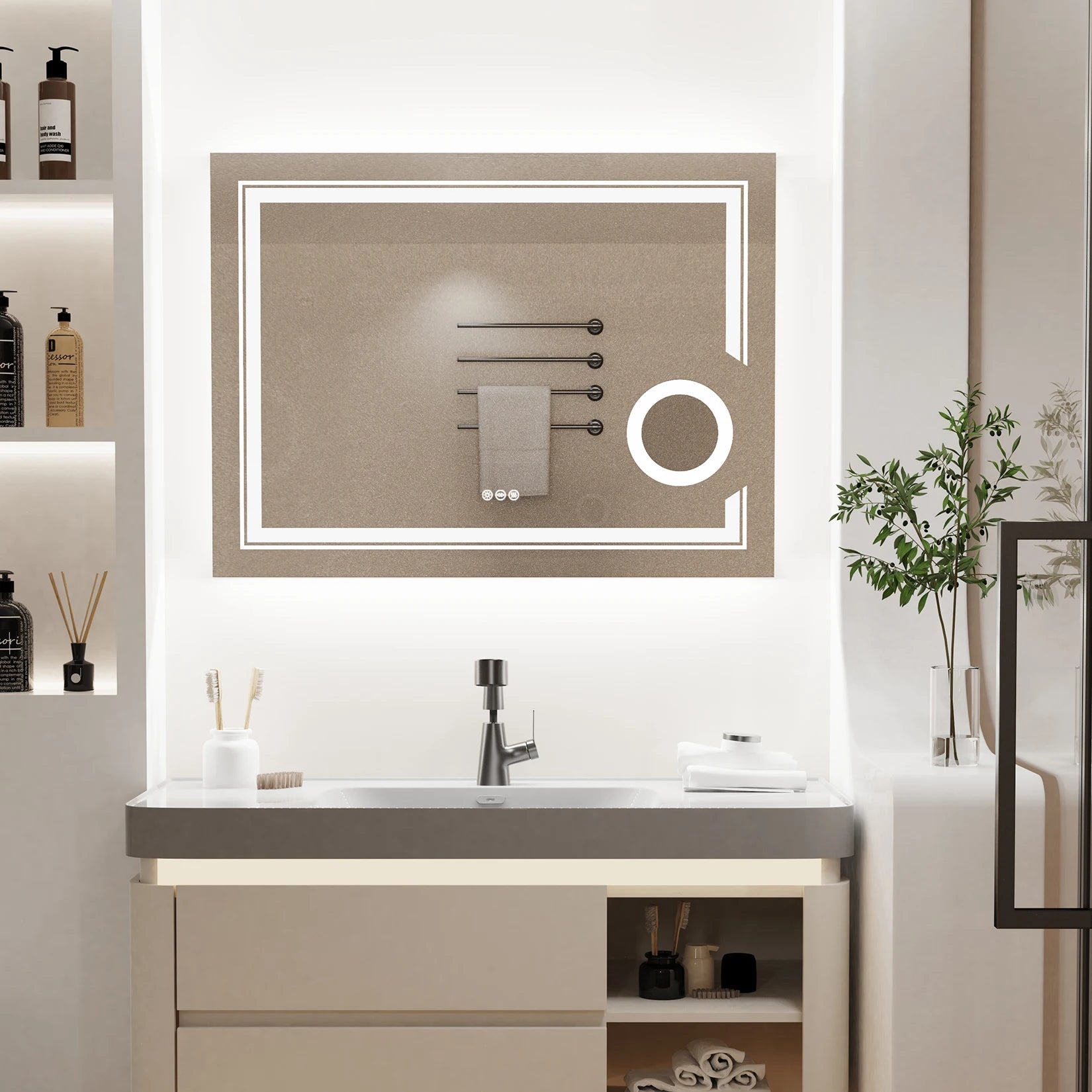 LED Smart Bathroom Mirror with 3X Magnifier, Anti-Fog
