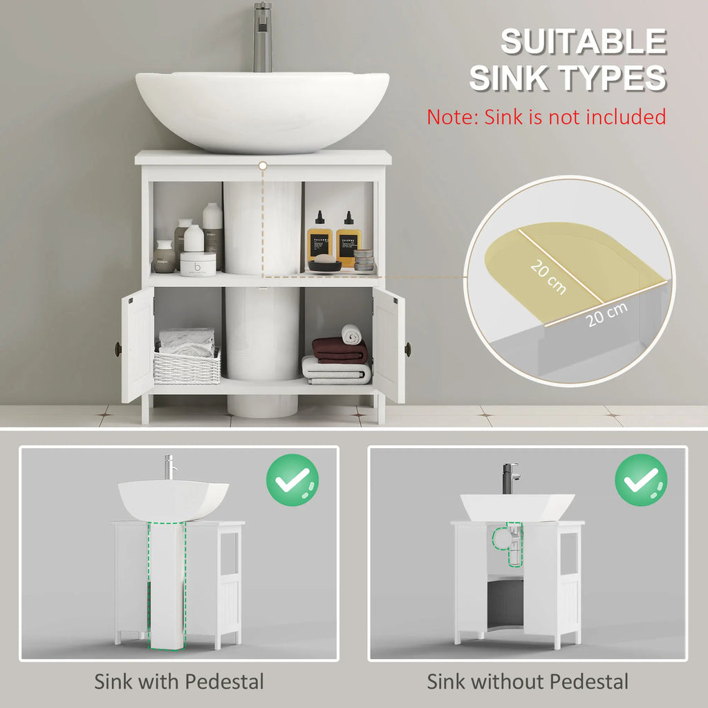 Kleankin sink-compatibility graphic showing pedestal and exposed-drain arrangements; sink not included