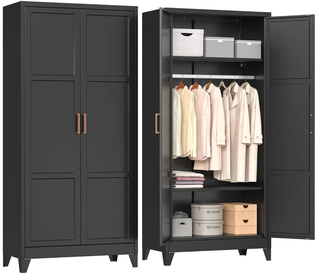 Black color variant of Harvelle metal hinged-door wardrobe shown open and closed