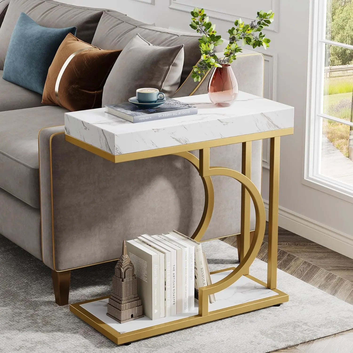 C-Shaped Faux Marble End Table