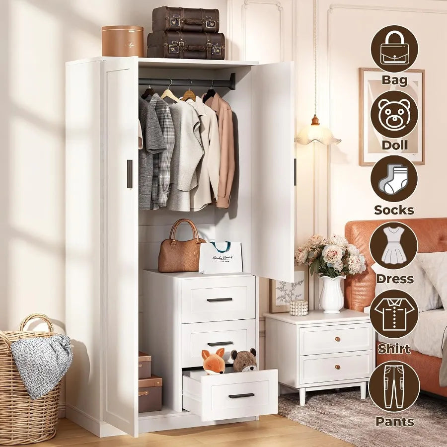 Open wardrobe display showing short and long garments hanging above bags and a three-drawer stack.
