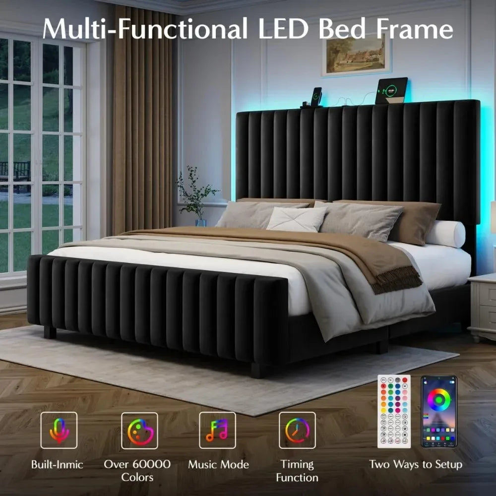 Veltrenne Black bed LED-lighting graphic showing app and remote controls, music mode and timer