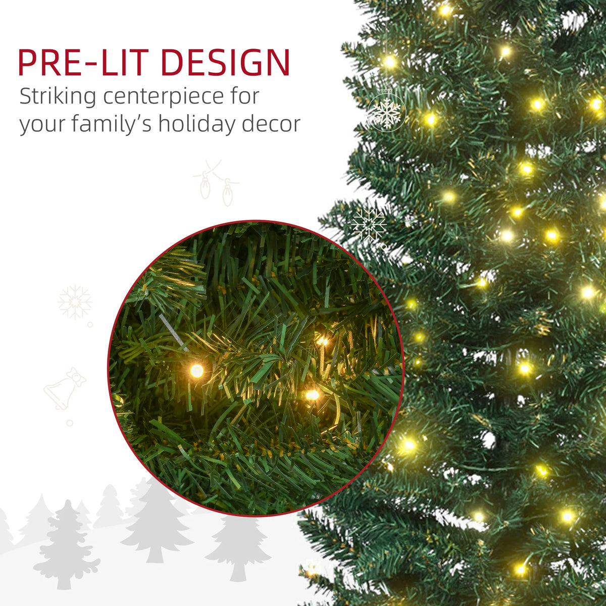Close-up of green artificial branches and warm white lights on the Lindenlight pencil Christmas tree.