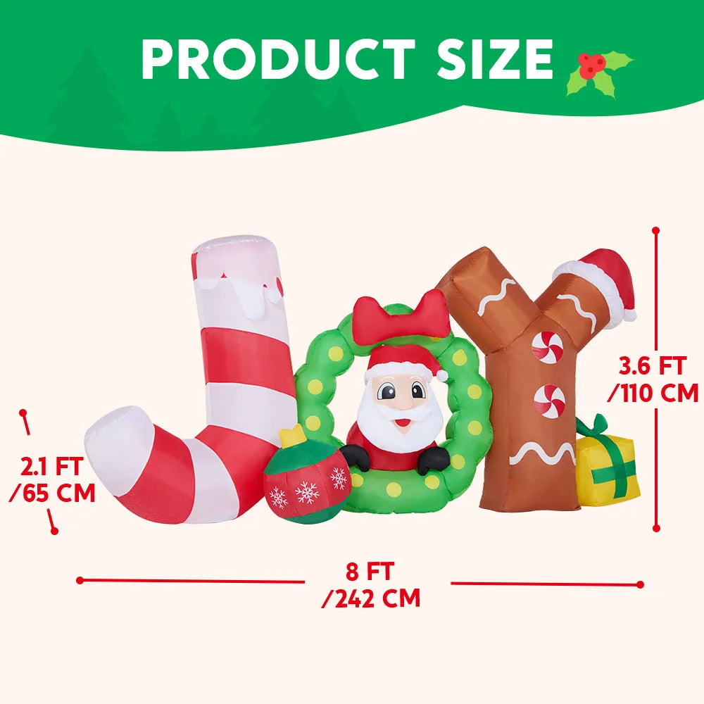Joyribbon holiday inflatable overview with candy-cane J, wreath O and gingerbread-inspired Y.