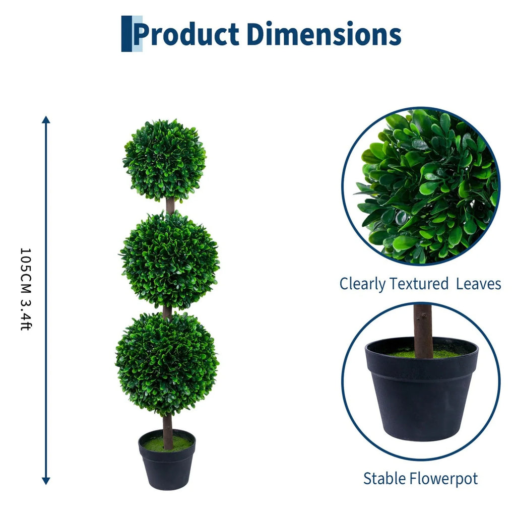 An artificial three-tier boxwood topiary tree in a black plastic pot, shown with dimension annotations indicating a height of 105cm (3.4ft) and circular inset details highlighting the clearly textured green leaves and the stable black flowerpot.