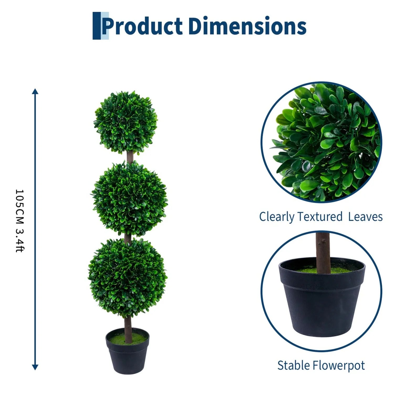 An artificial three-tier boxwood topiary tree in a black plastic pot, shown with dimension annotations indicating a height of 105cm (3.4ft) and circular inset details highlighting the clearly textured green leaves and the stable black flowerpot.