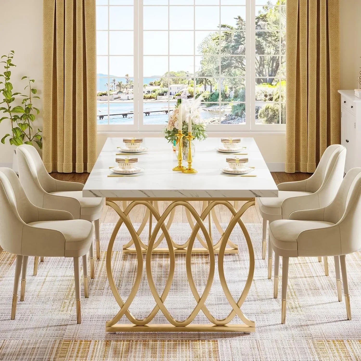Modern Dining Table with Faux Marble Top