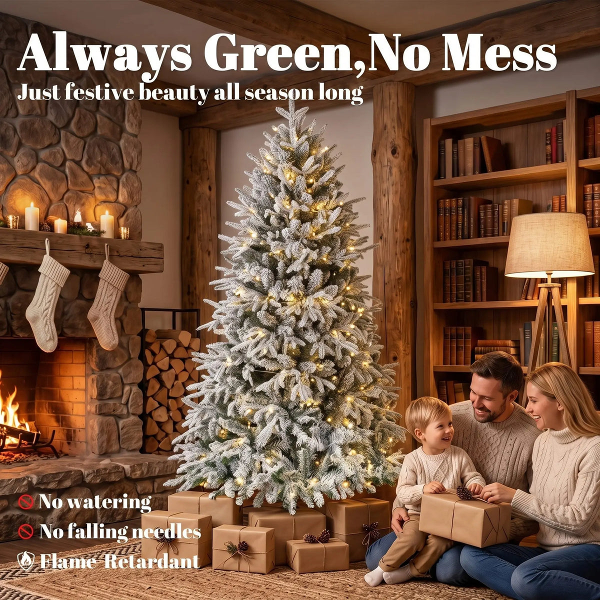 Snowcrest lifestyle image showing flame-retardant flocked foliage