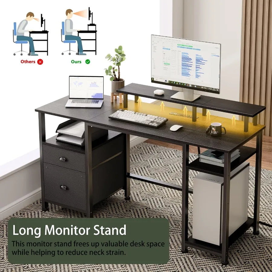 Office arrangement highlighting the long raised monitor shelf