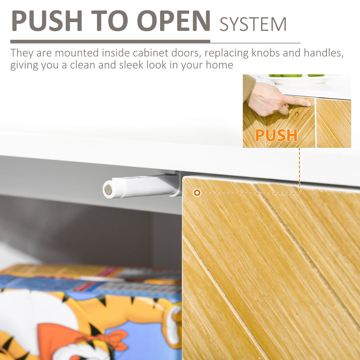 Close-up of Zephyrlark's push-to-open door catch and chevron-patterned panel