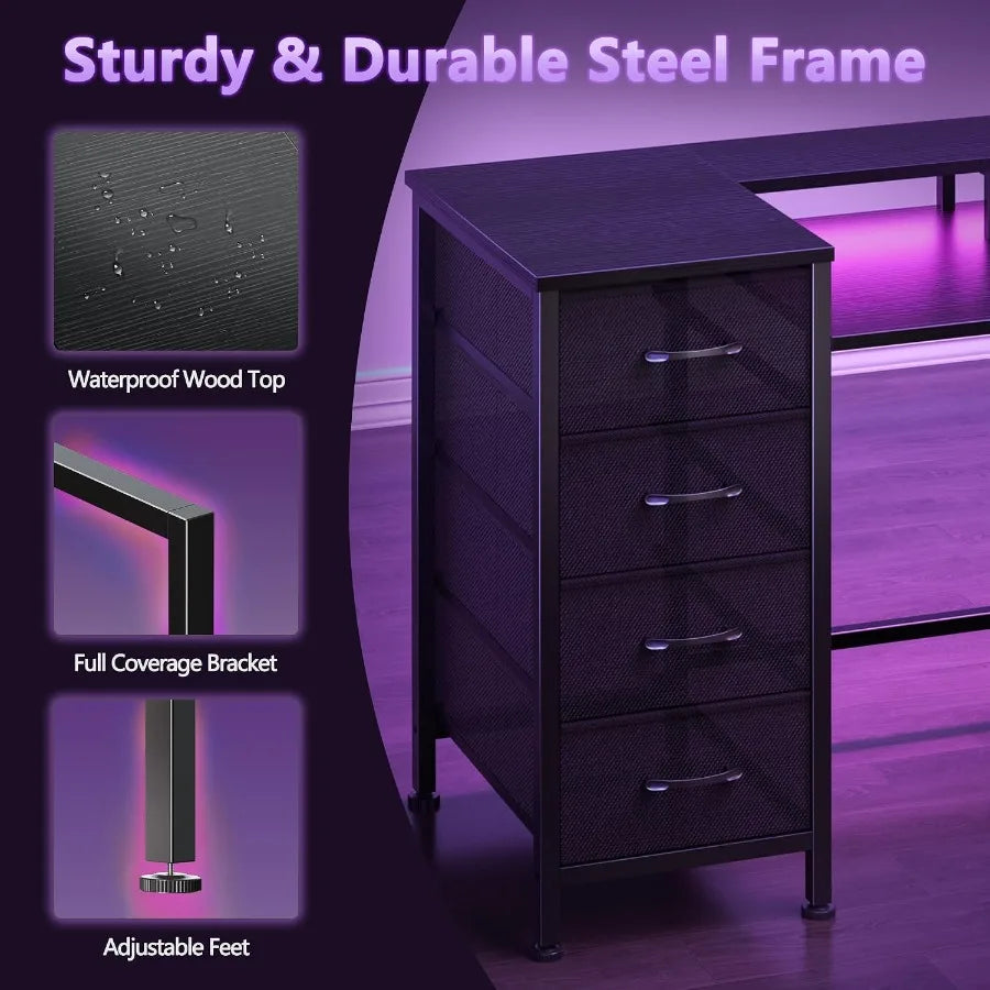 Frame, tabletop and leveling-foot details on the five-drawer desk