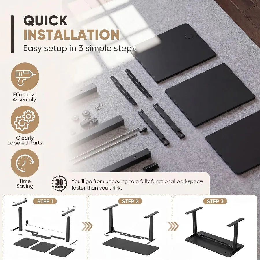 Three-step assembly illustration showing the separate desktop panels and frame parts