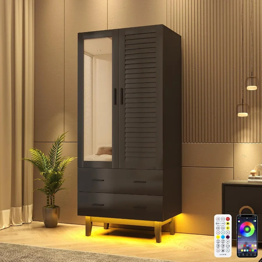 Warm bedroom display of the mirrored black wardrobe with yellow under-cabinet lighting and remote/app control illustrations.
