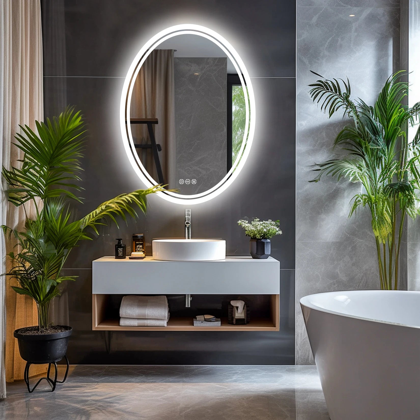 Oval LED Backlit Bathroom Mirror – Anti-Fog, Touch Sensor, Silver Finish