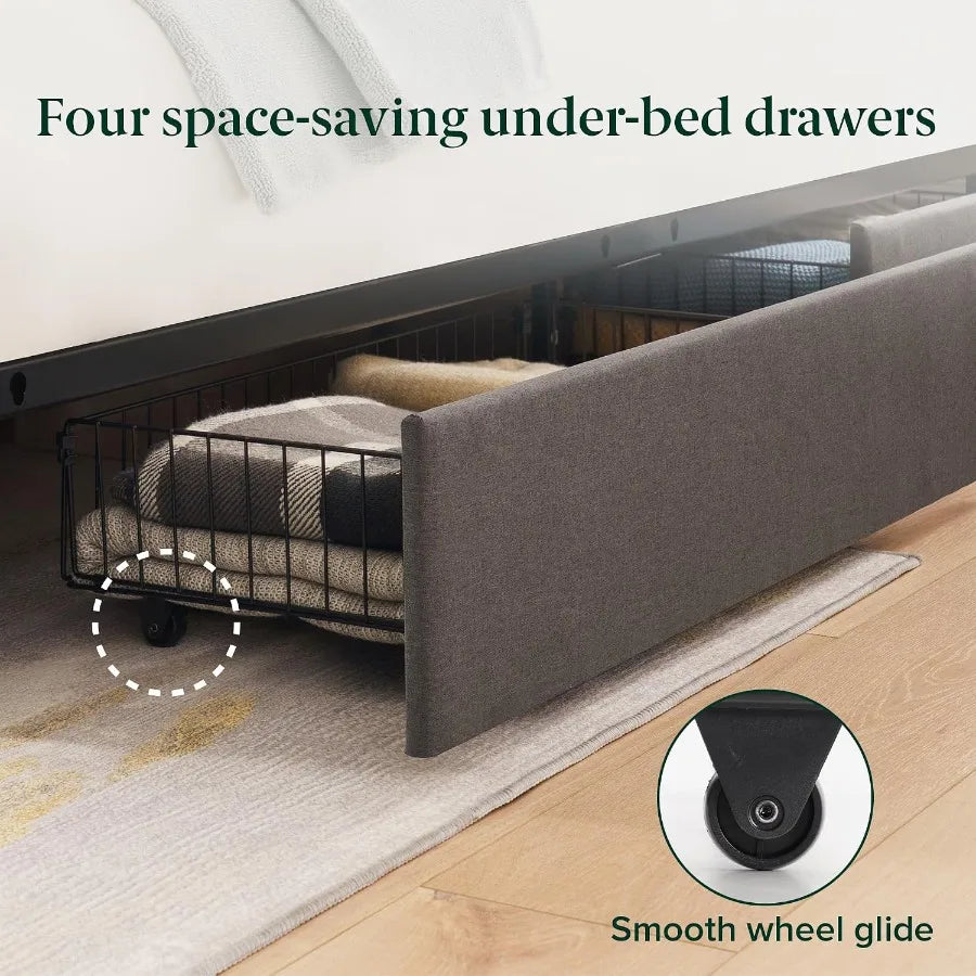 Underbed storage detail showing the drawer basket and a close-up of its caster wheel.