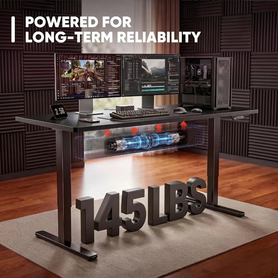 Black desk load-capacity graphic highlighting 145 pounds