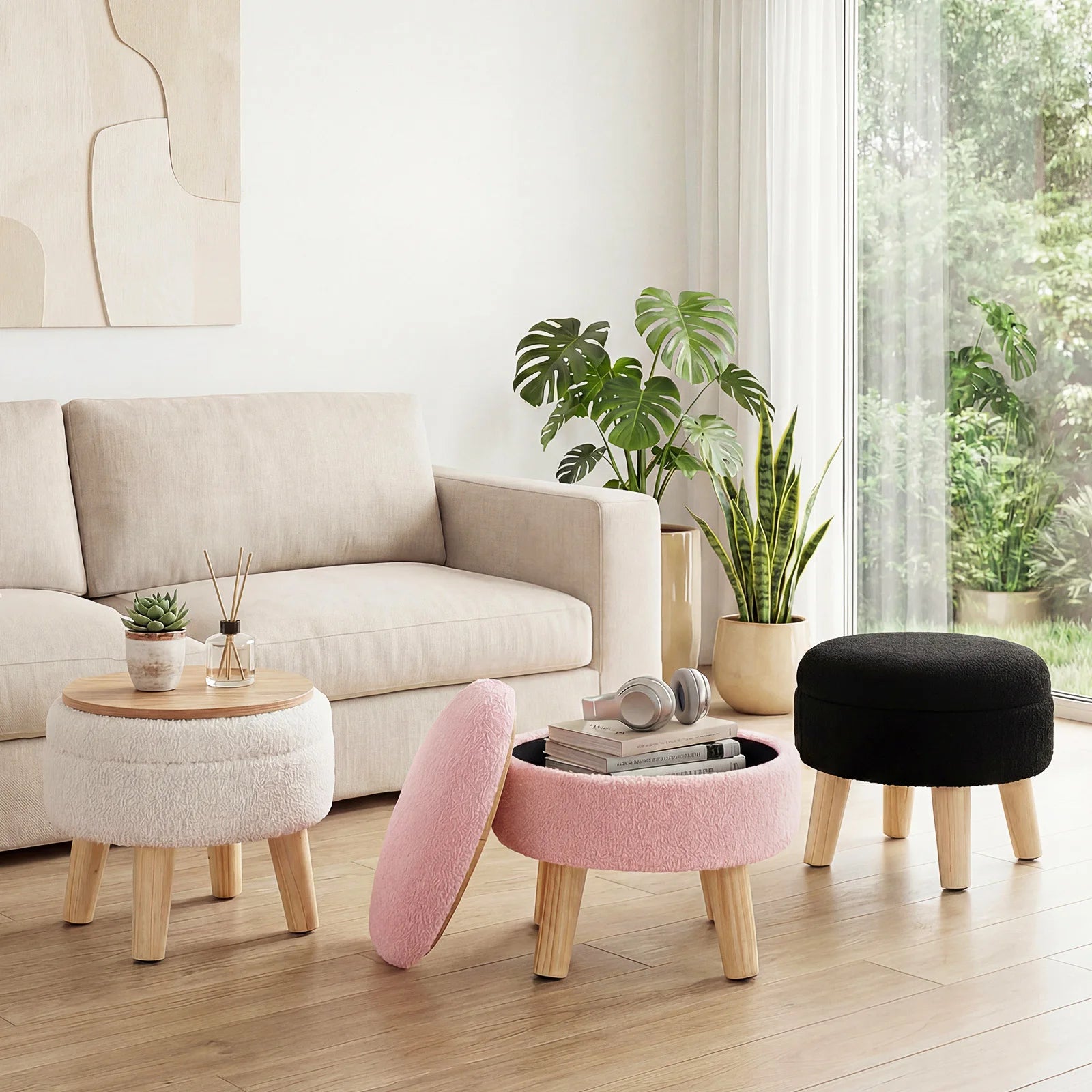 Mirelle Small Round Bouclé Storage Ottoman