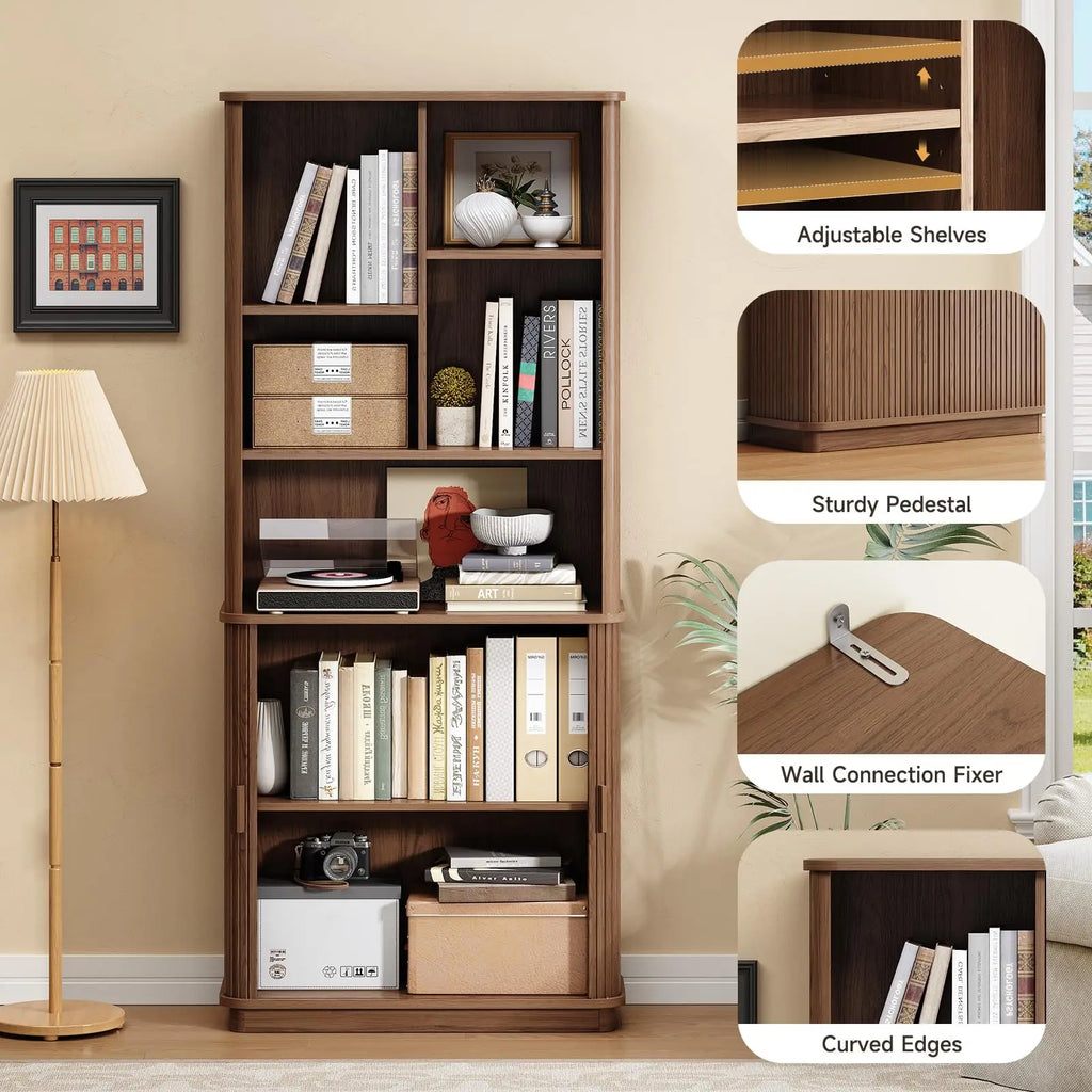 Brown Hushbloom feature graphic showing adjustable shelves, pedestal base, wall bracket and curved edges