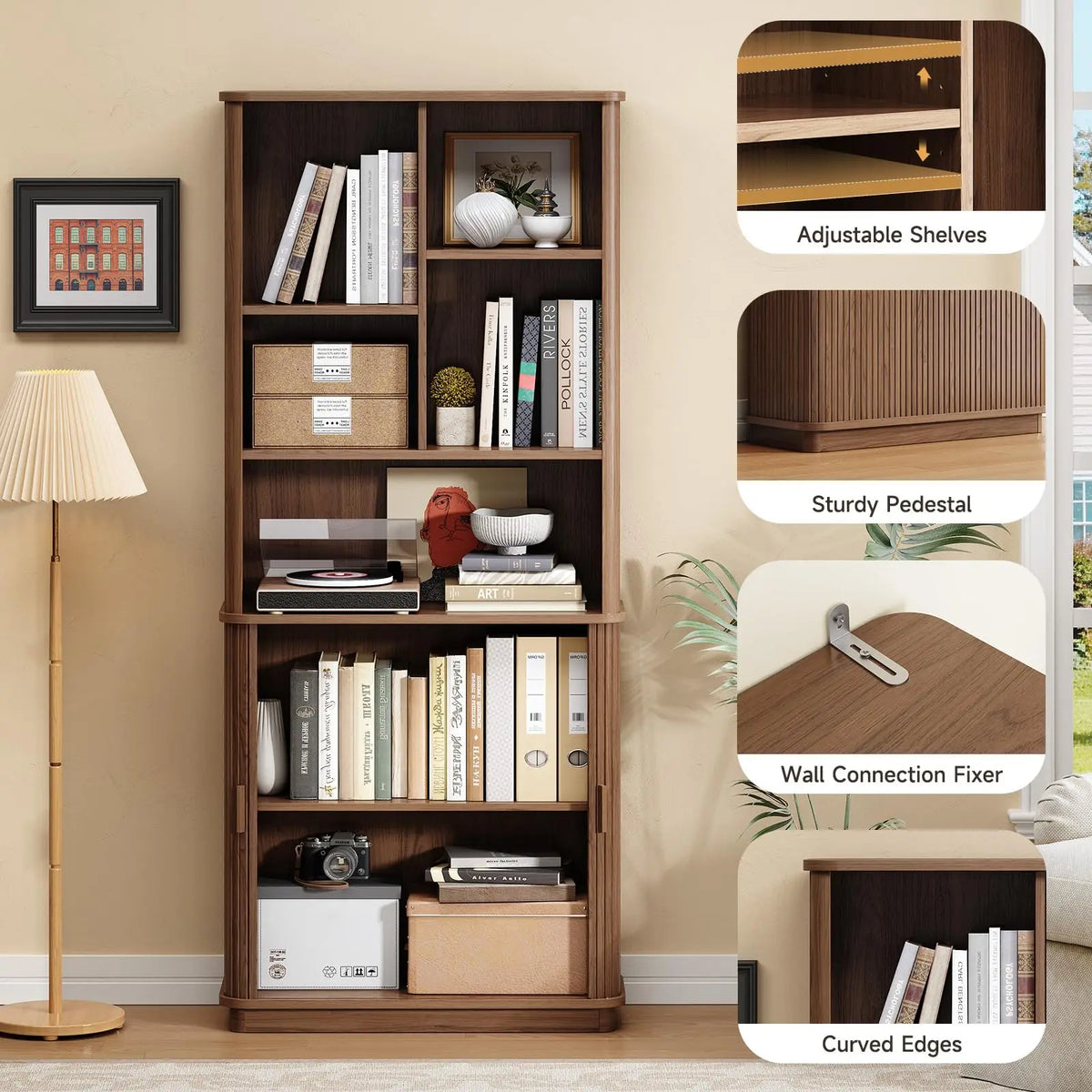 Brown Hushbloom feature graphic showing adjustable shelves, pedestal base, wall bracket and curved edges