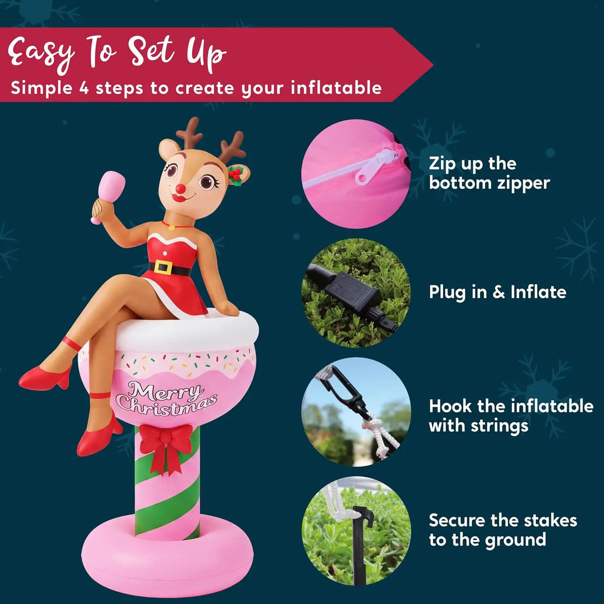 Fizzbelle setup steps showing zipper closure, plug-in inflation and anchoring.