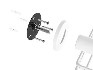 Exploded view of a Wonderveil wall-mount flange with screws and wall anchors