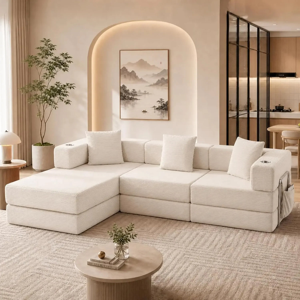 Luvrenne Beige variant with matching pillows, inset cup holders and side pockets