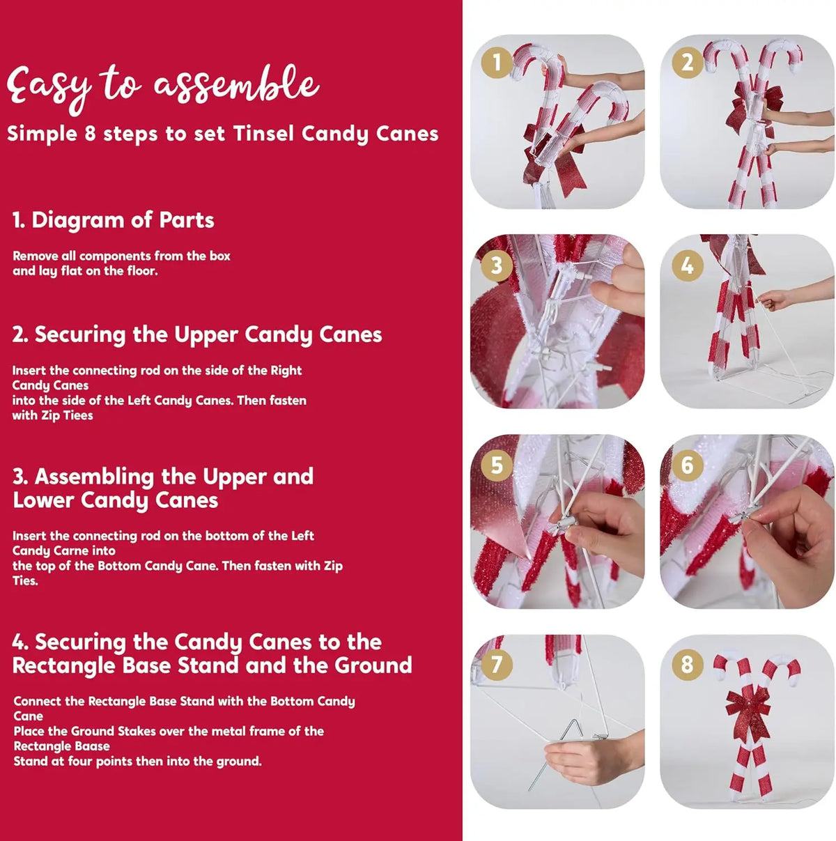 Bowglint assembly instructions showing joined candy-cane sections, zip ties, base and ground stakes.