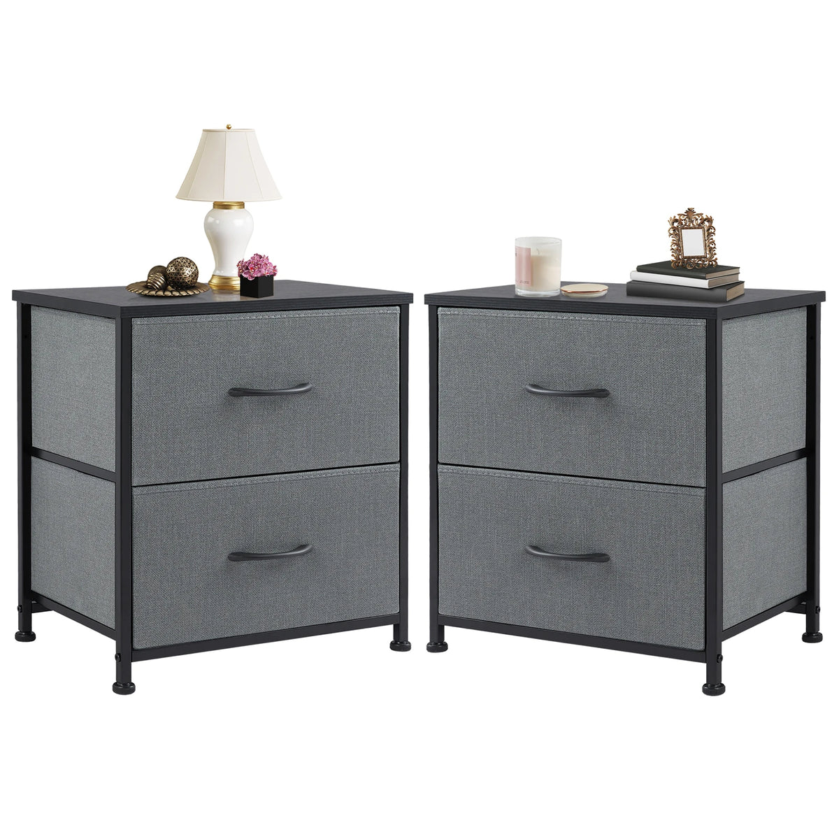 Two gray Daydreamrise two-drawer storage nightstands with matching gray fabric drawers