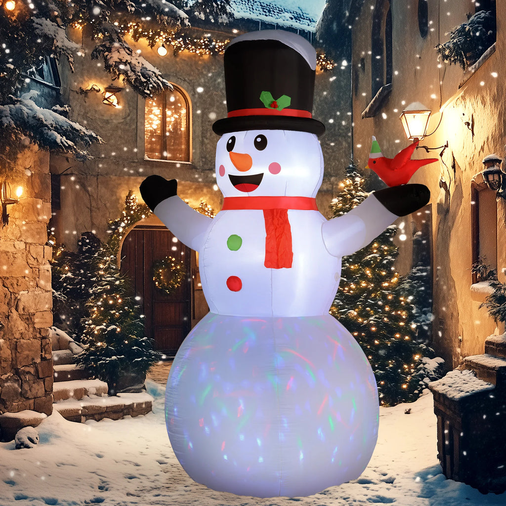 Frosttower snowman illuminated with white and rotating multicolor lights in a holiday display