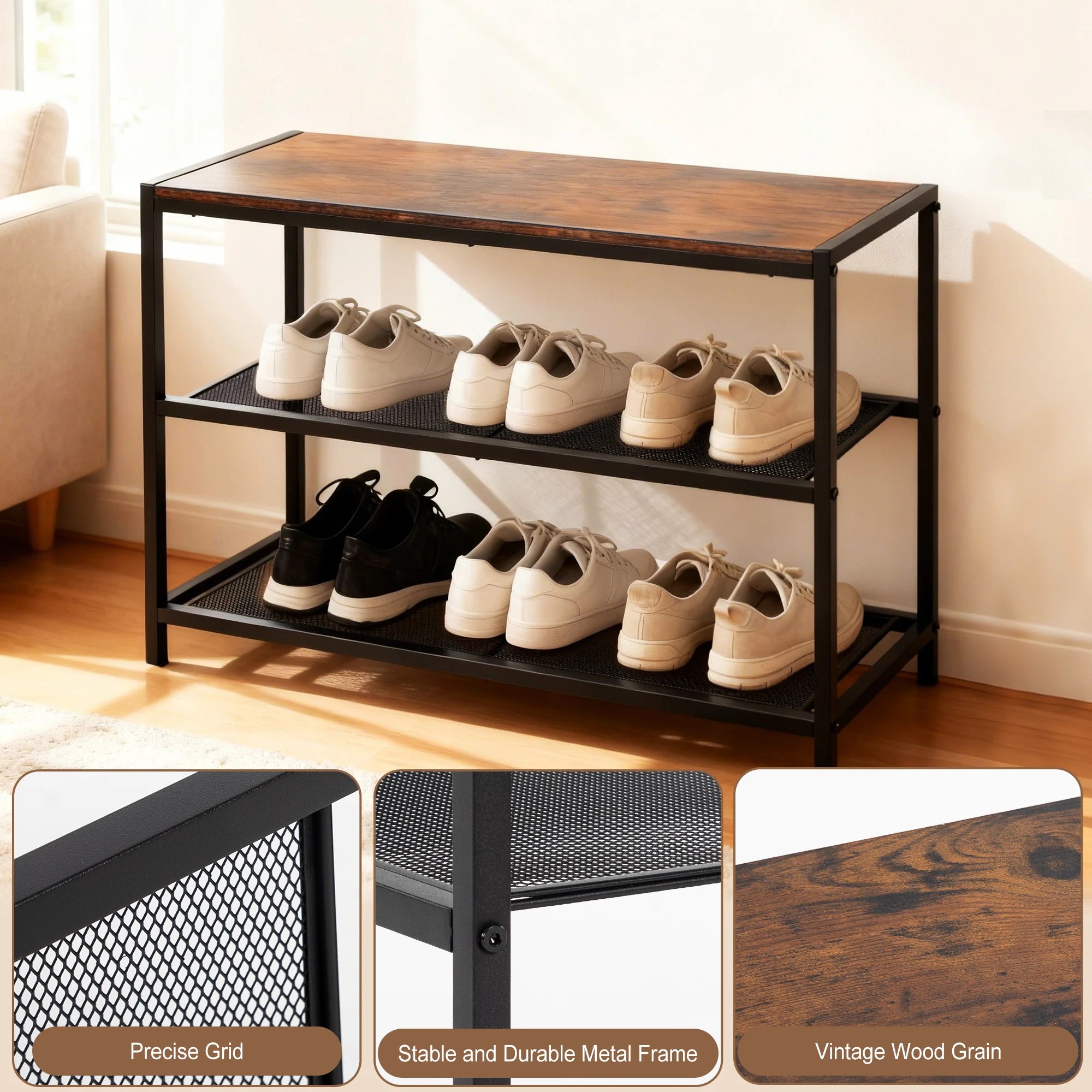 Three-tier shoe rack with shoes on a wooden floor, showing close-ups of features.