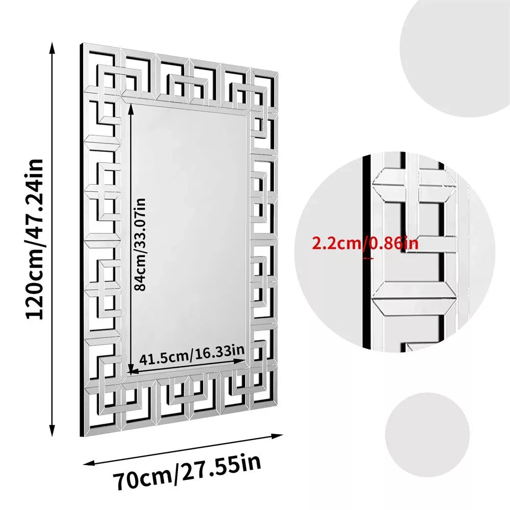 Decorative wall mirror with geometric pattern and measurements on a white background