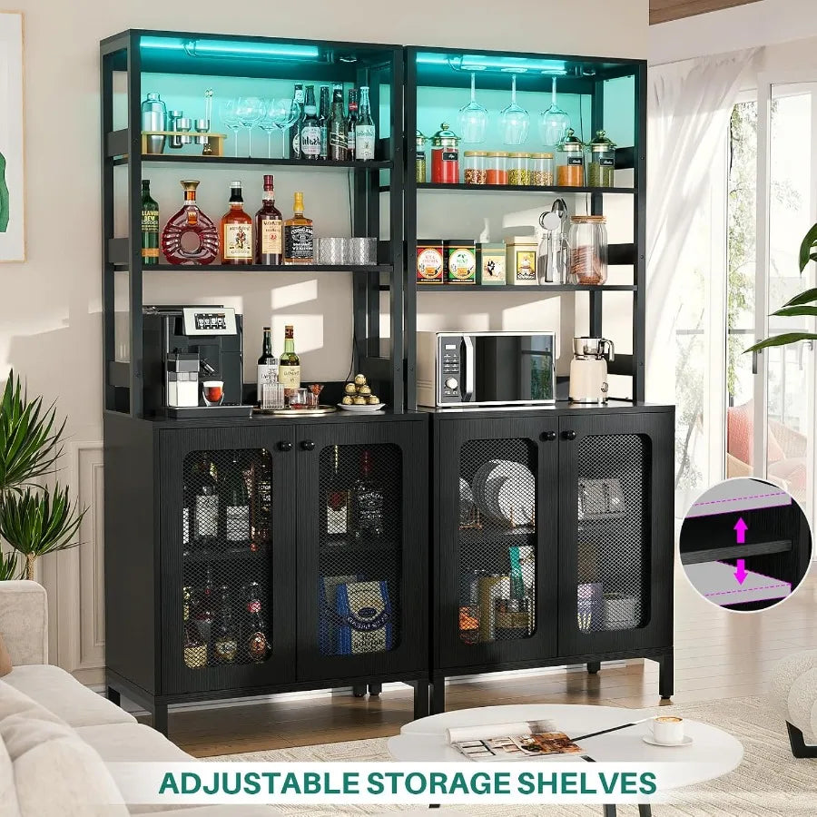 Side-by-side cabinet display with turquoise lighting and a detail showing the lower storage shelf adjustment.