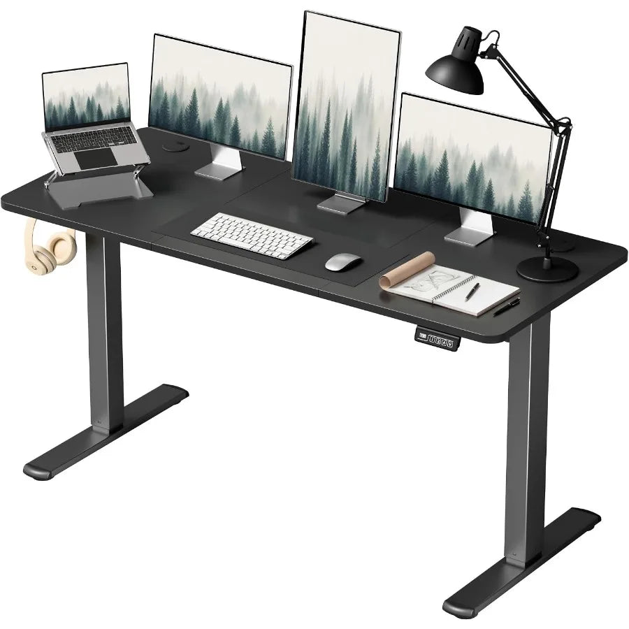 Black electric standing desk with three-section top, two lift columns and digital controls